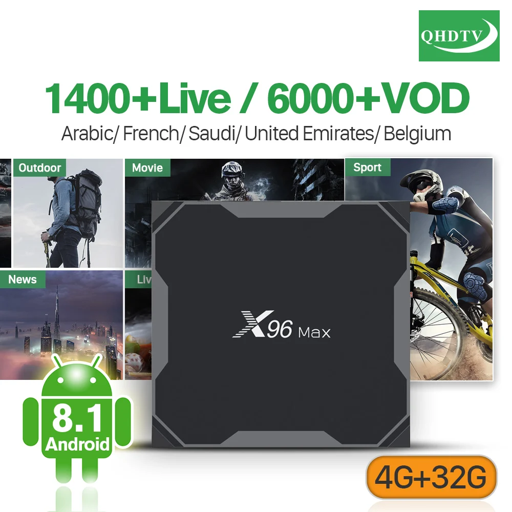 

QHDTV France 1 Year Subscription X96 Max 4+32G Android 8.1 Support BT Dual-Band WIFI IPTV French Arabic Algeria IP TV Receiver