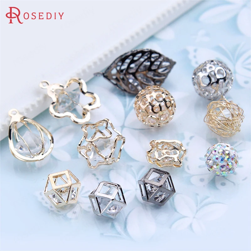 

10PCS Gold Color Plated Brass Earrings or Hair Jewelry Hollow Ball Cube Tree Leaf Charms Pendants Jewelry Findings Accessories