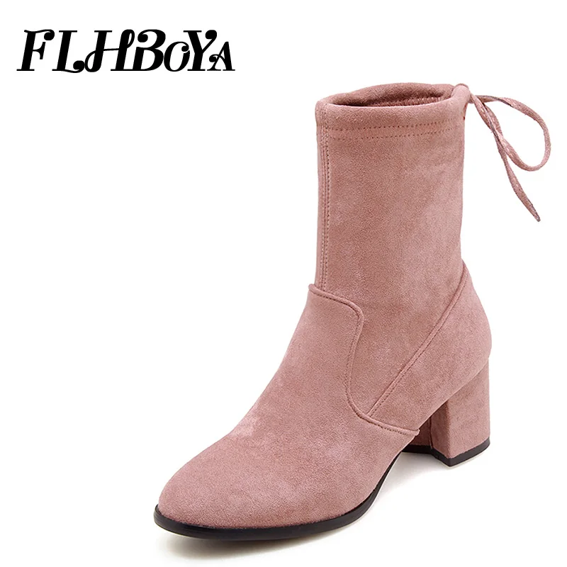 

FLHBOYA Women Sweet Mid-Calf Square heels Boots Shoes Ladies Black Pink Casual Lace up Warm Med high block heels Woman Long Boot