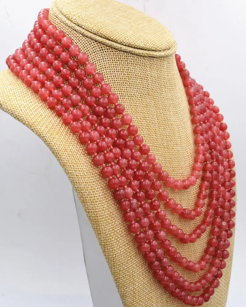 

Beautiful 6 rows red 6 mm bead jewelry necklace 17-22 "AAA