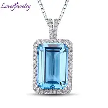 Ко Дню Святого Валентина удивительная изумрудная огранка, 8x12 мм 14Kt белого золота натуральная Бриллиантовая подвеска с голубым топазом GF0001