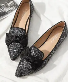 

2018 new shallow mouth women's shoes pointed bow sequins flat fashion wild color single shoes