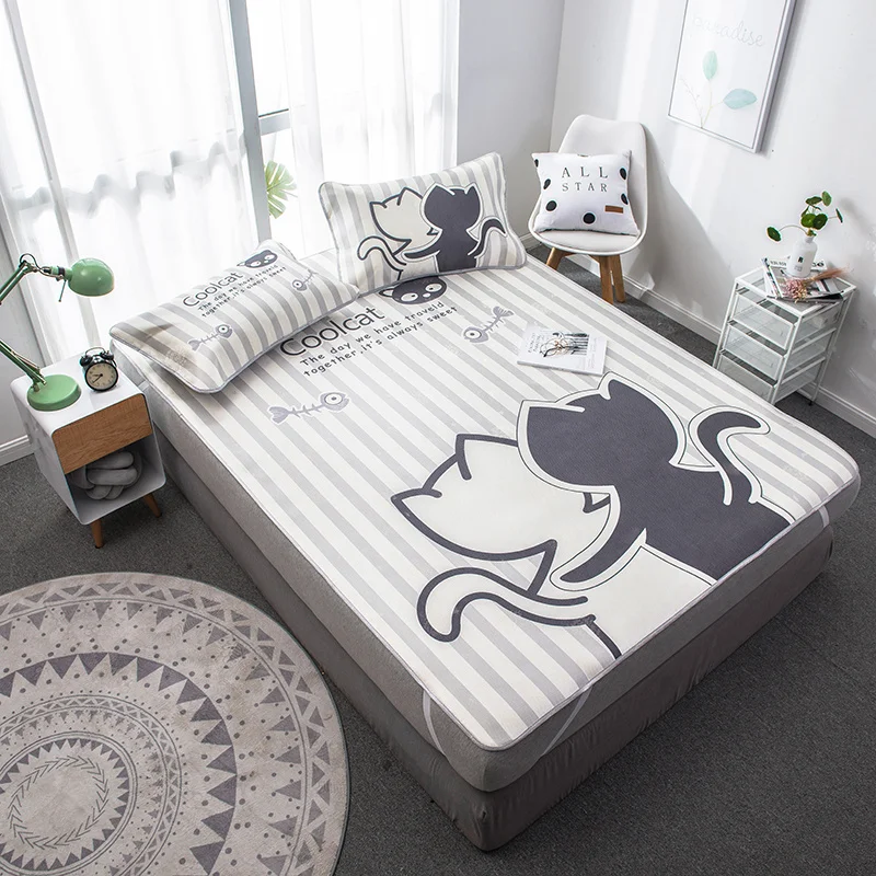 

Cartoon Cats Summer Sleeping Bed Mat Foldable Bed Sheet Children Bed Mattress Protector Cover Summer Ice Silk Sleep Mat Set