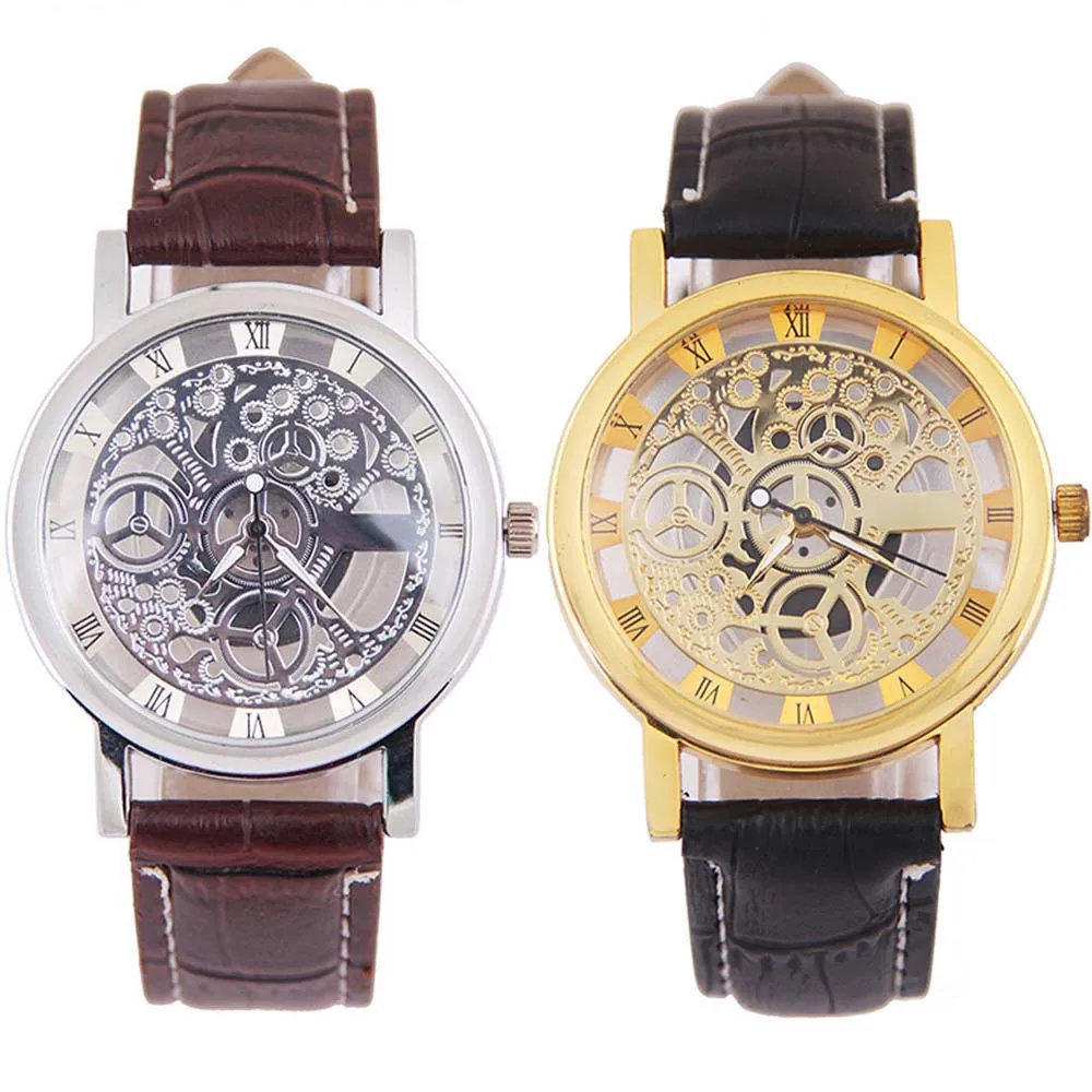 

Silver Gold Men's Watch Hollow Out Mechanical Gear Quartz Watch Top Brand Luxury Leather Mens Watches Relogios Masculinos