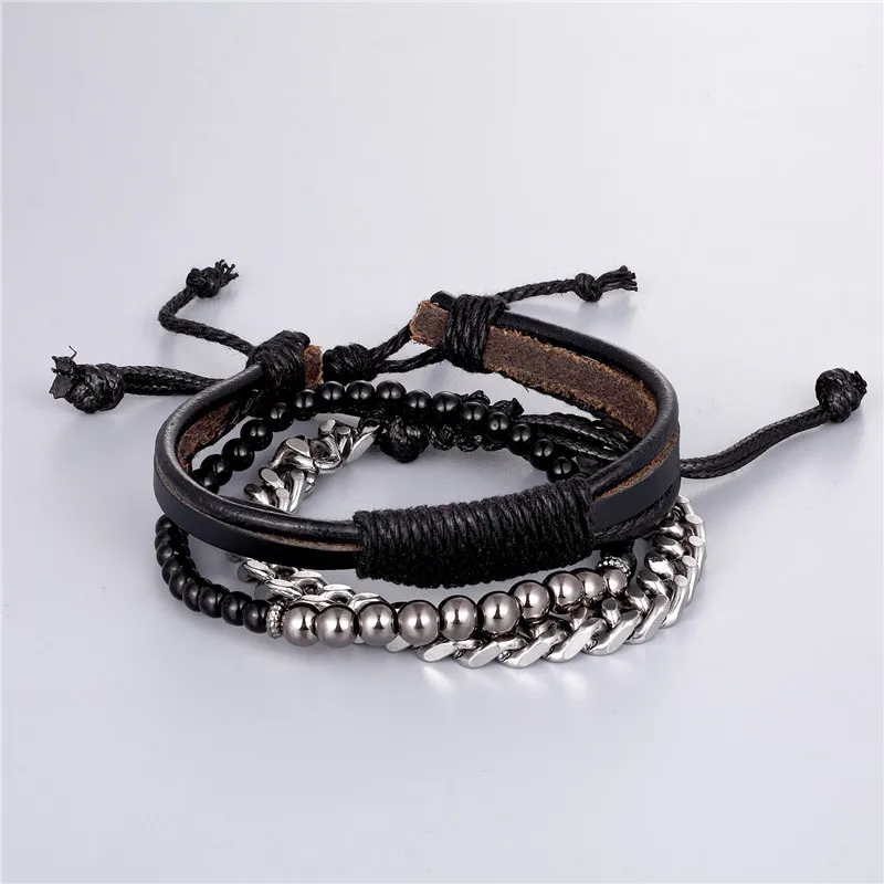 1 Set 3PCS Multi-layer Leather Beaded Charm Bracelet Women Stainless Steel Link Chain Men's Couple Bracelets Dropshipping homme