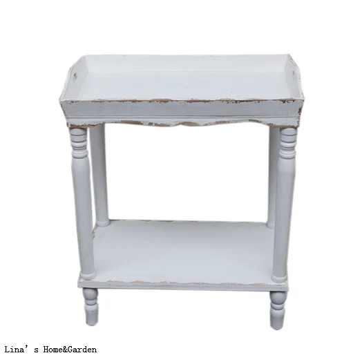 Knock down handmade shabby white wood tray table, 2 tier french garden flower pot stand (6)