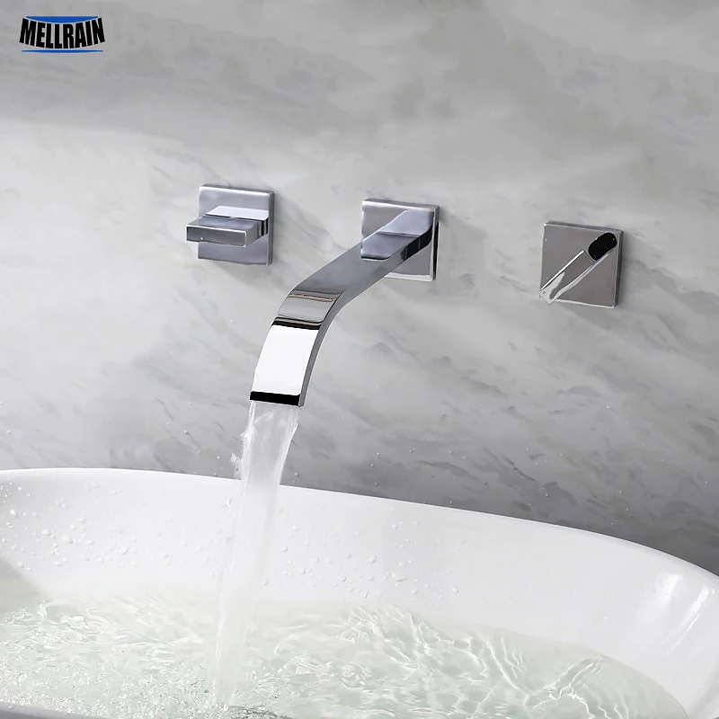 Wall Mounted Waterfall Bathroom Faucet Double Handles Brass Material
