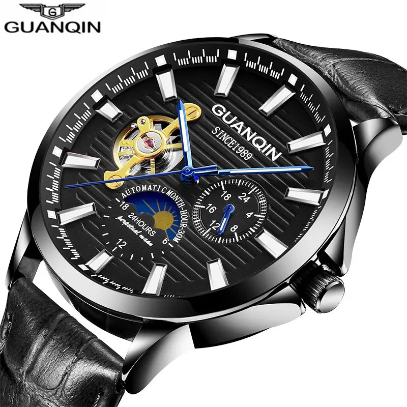 

GUANQIN men watch Luminous clock men Automatic waterproof Mechanical leather dropshpping skeleton luxury erkek kol saati 2018