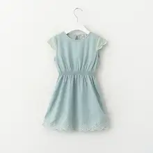 2016 New Baby Girls Embroider Denim Jeans Dress Vintage Ruffles Puff Sleeve Casual Spring Summer Dress Party Dress