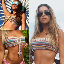 Полосатая цепь цветов радуги, топ-труба, бандаж, полый купальник с кисточками, с рукавами, летний вязаный кружевной топ, купальник