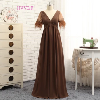 

Plus Size Brown Mother Of The Bride Dresses A-line V-neck Chiffon Feather Wedding Party Dress Mother Dresses For Wedding
