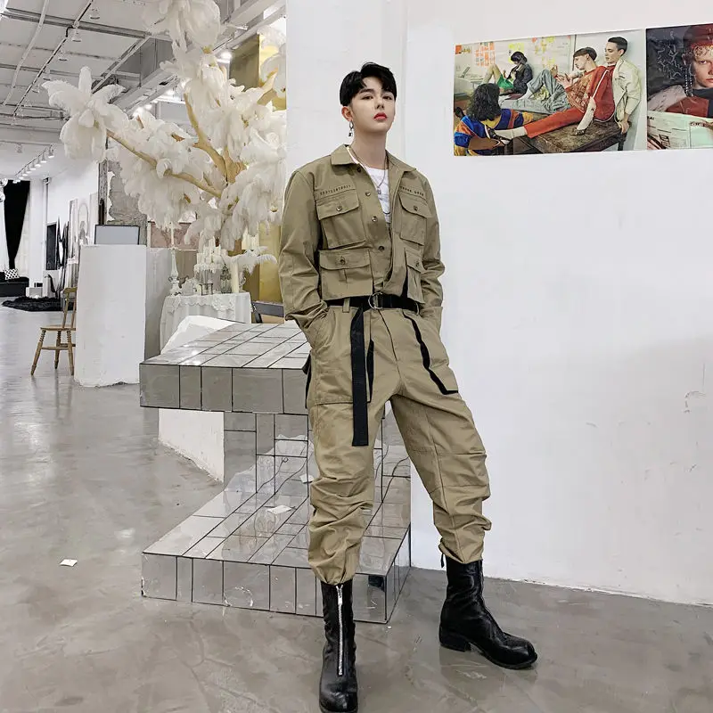 Khaki Мужской комбинезон с несколькими карманами, винтажная мода, уличная одежда, повседневные брюки-карго, мужские комбинезоны с длинным рукавом, комбинезон, брюки DS50408 - Цвет: Khaki