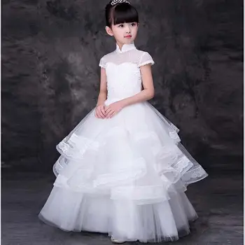 

2019 Kids Girl Lace Tulle Beads Prom Gowns Teen Girls Elegant Bowknot Princess Dress Children Wedding Birthday Party Vestido Q12