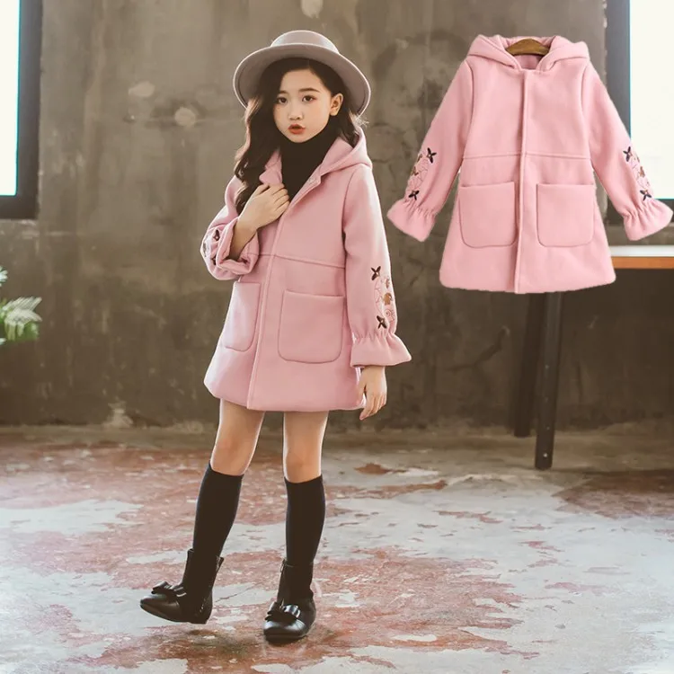 

2019 Autumn Winter Girls Woolen Coat Pink Red Flores Design Petal Sleeves Long Jacket for Kids Age 8 10 12T Yrs Old windbreaker