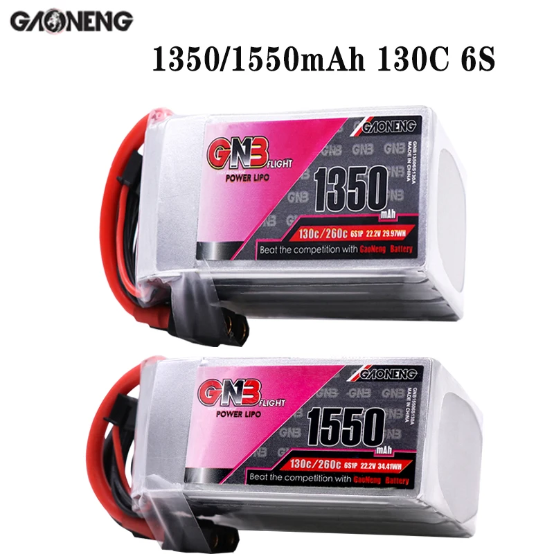 

Gaoneng GNB1350/1550mAh 6S1P 22.2V 130C/260C Lipo Battery With XT60 Plug For FPV Racing Drone RC Quadcopter UAV Helicopter Parts
