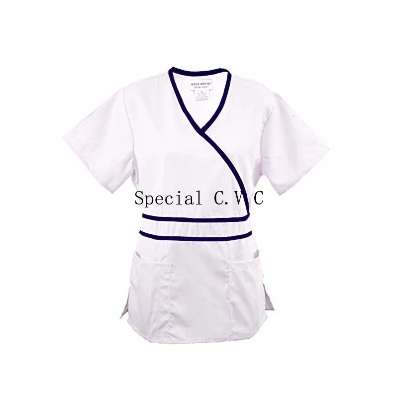 Women's Medical Uniforms Scrub Top Mock Wrap Shirt with Adjustable Waist and Back Tie Pharmacy Clinic Uniforms(Just A Top)