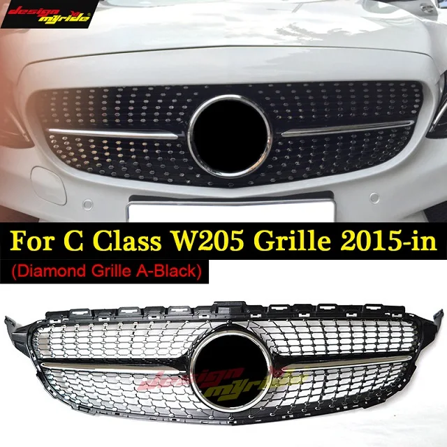 Для Mercedes C-CLASS C205 S205 W205 Алмазная решетка гриль спортивный передний бампер грили C180 C200 C250 прямая 1:1 замена 15-18 - Цвет: W205SpDiGrBl1518B