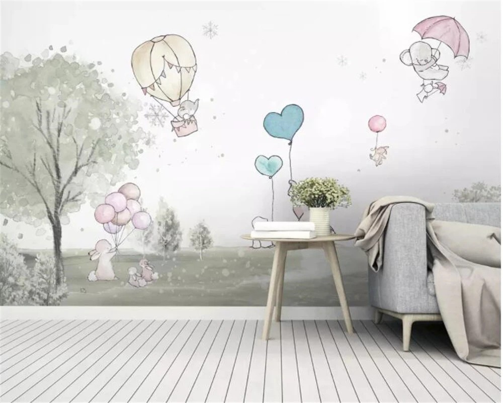 Beibehang مخصص 3d خلفيات جميل الكرتون الفيل الكرتون الدب الهواء الساخن بالون الحيوان غرفة حائط الخلفية 3d خلفيات