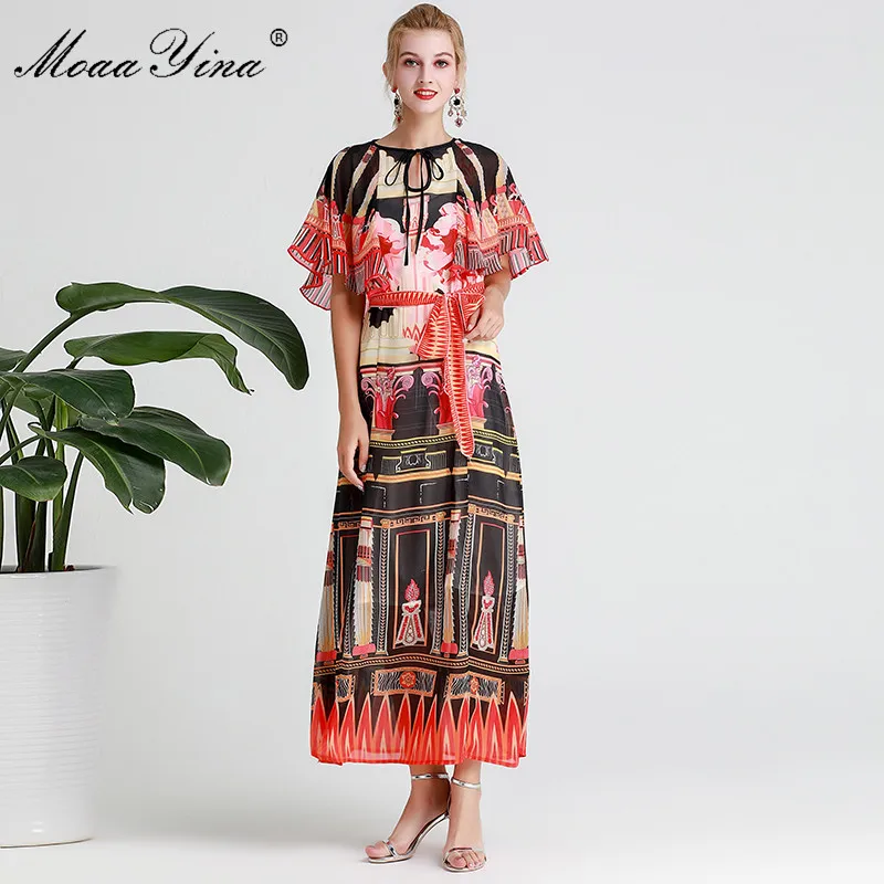

MoaaYina Fashion Designer Runway dress Spring Summer Women Dress Vintage Print Elegant Lace-Up Maxi Dresses