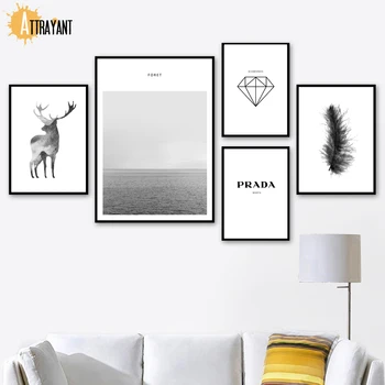 

Deer Sea Diamond Feather Prada Wall Art Canvas Painting Nordic Posters And Prints Animal Wall Pictures For Living Room Decor