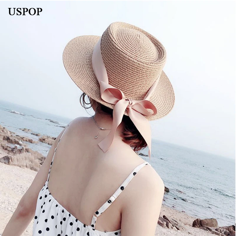 

USPOP 2019 New Women straw hat female summer sun hat sweet bow knot beach hat straw fedoras