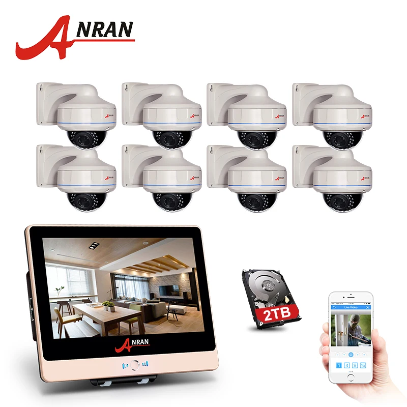 

ANRAN POE 8CH Plug&Play1080P POE NVR Kit CCTV POE 12"LCD 1080P HD Outdoor Vandalproof 30IR POE Security Camera System+2TB HDD