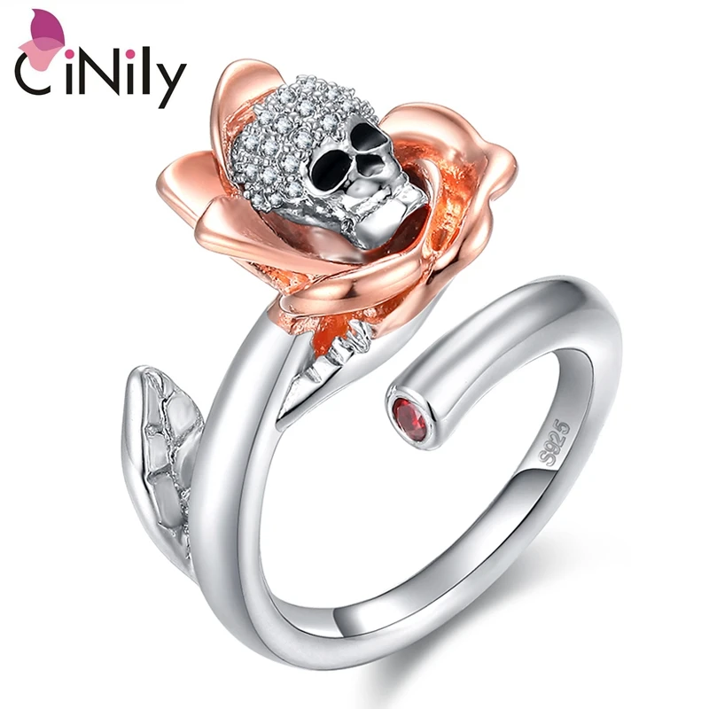 CiNily Created Garnet Zirconia Enamel Silver Rose Gold Color Wholesale Skeleton for Women Jewelry Party Gift Ring Size 6-10 NJ53