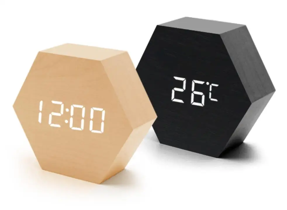 LED hexagon wooden clock, night light alarm clock, polygon clock, lovely mute.