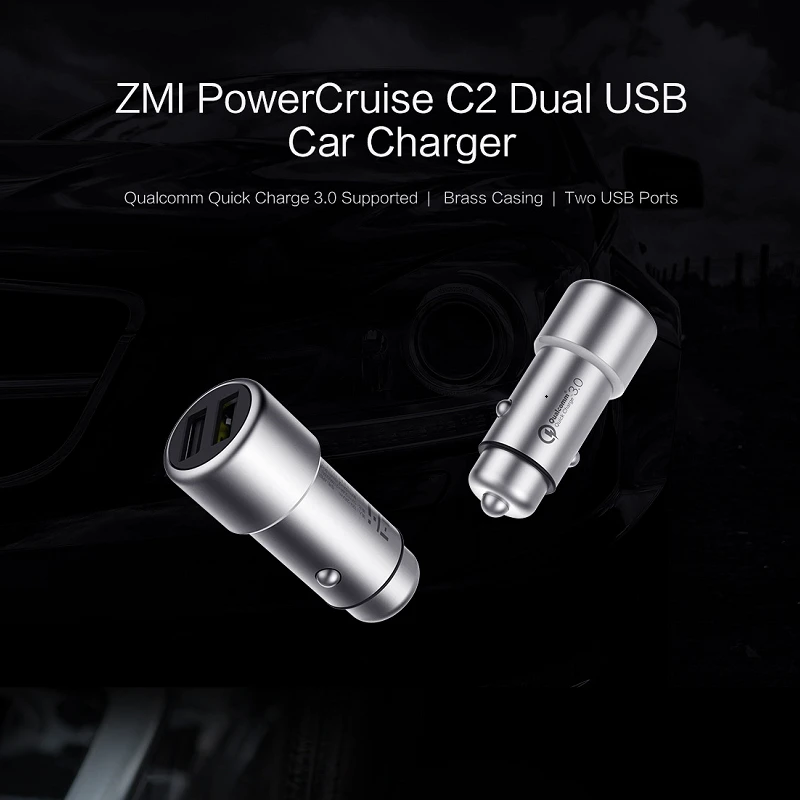 Original Xiaomi ZMI Car Charger Dual USB 5V/2.4A Quick Charge QC3.0 Metal Apply for iPhone X 8 7S Android iOS Smartphone Tablet