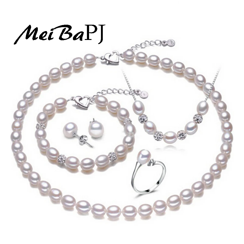 

[MeiBaPJ]Rice shape real pearl four piece suit accessories necklace pendant ring and earrings women's wedding party jewelry