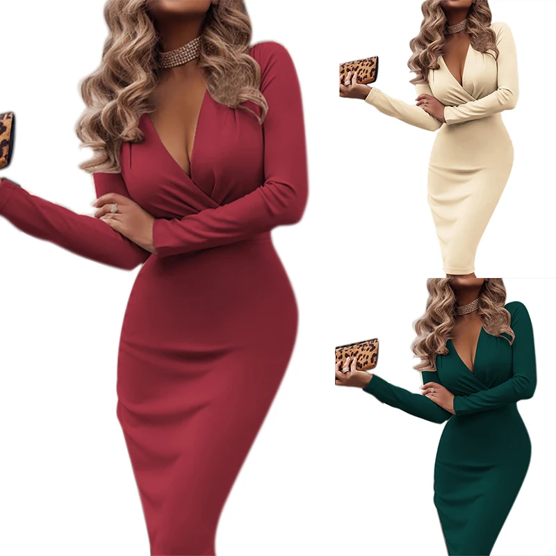Sexy Women Dress Autumn V-Neck Slim Long Sleeve Bodycon Dress Woman Fashion Vestidos Female Lady Clubwear Evening Party Dresses