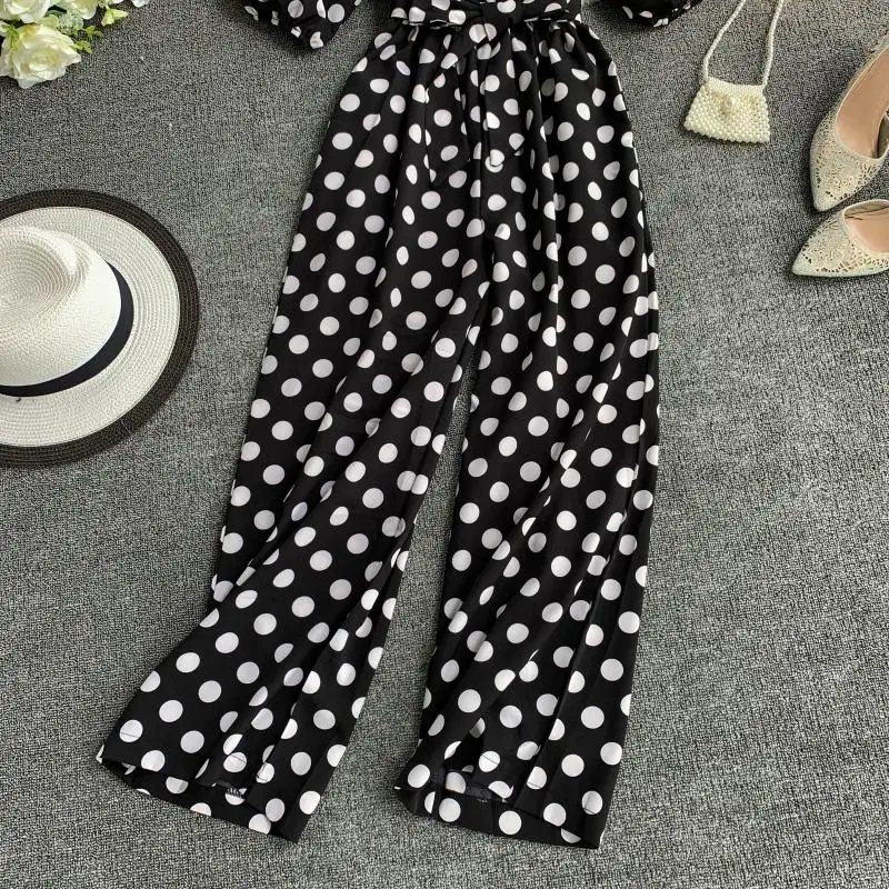 Женский комбинезон в горошек ALPHALMODA винтажный однобортный Свободный с карманами