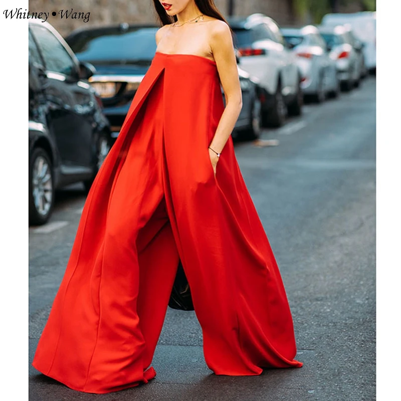 

WHITNEY WANG 2018 Autumn Fashion Streetwear Designer Style Sexy Strapless Wide Leg Pants Jumpsuits Women Rompers Bodysuits