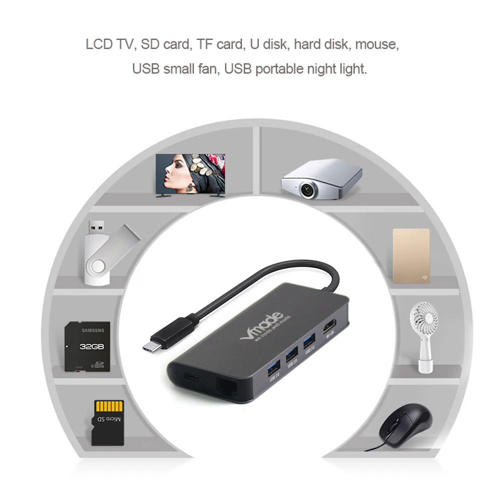 Vmade Лидер продаж 8 в 1 мульти порты USB 3.0 Type C HUB к 4K видео HDMI адаптер для Macbook SD/TF карты