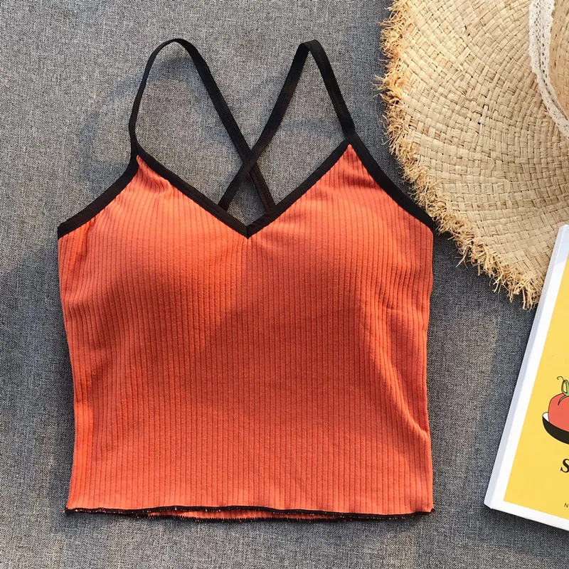 Girls Crossed Straps Short Camis Tops With Seperated Bra Women Padding Tanks Crop Tops For Female