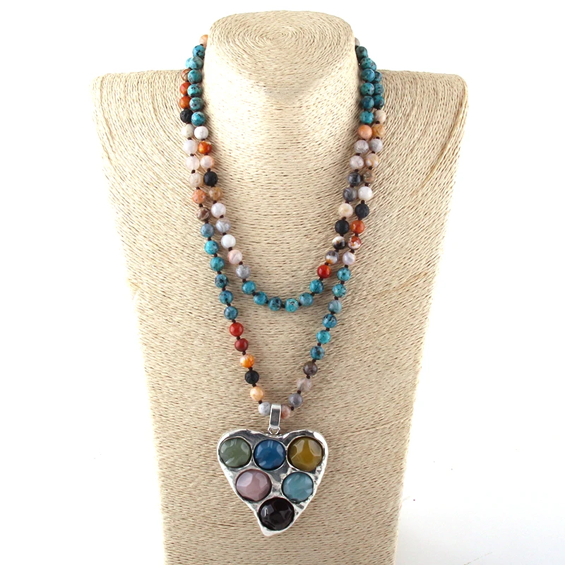 

New ! MOODPC 108 Beads Mala Multi Stone Knotted Heart Charm Pendant Necklace Women Yoga Necklace