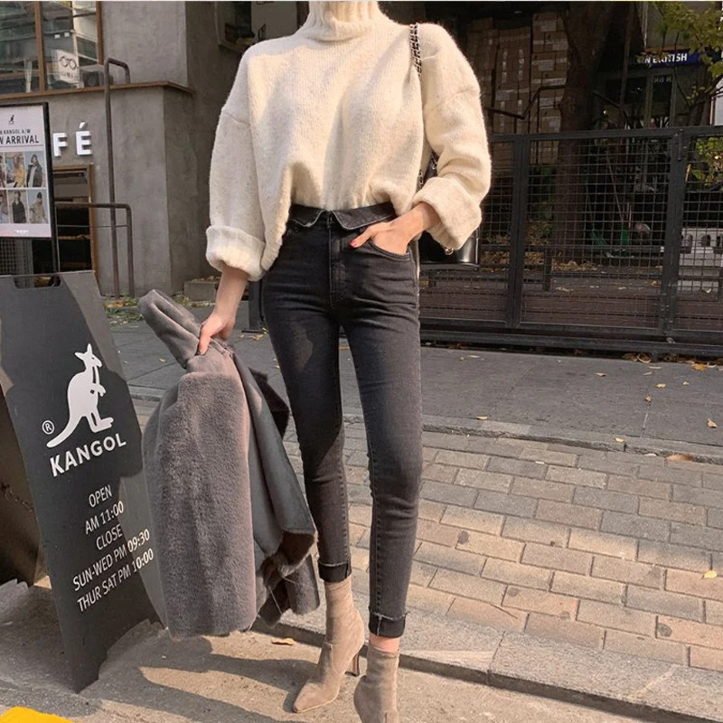 Spring Summer Stretch Flanging Denim Jeans Women Jeggings