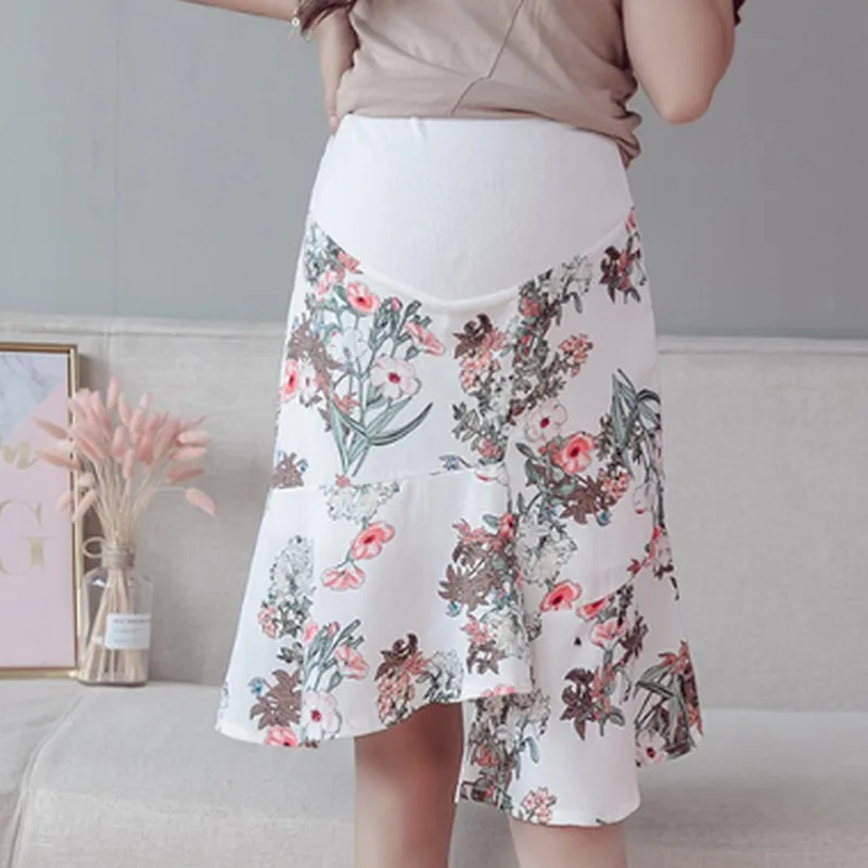 Летние Высокая Талия желудка лифт платье для беременных Повседневное Корейский цветной шифоновый АСИММЕТРИЧНЫМ ПОДОЛОМ юбка для беременных Беременность одежда - Цвет: white small flower