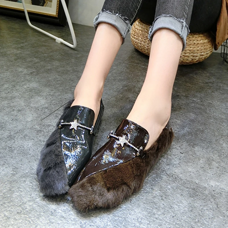 

Fuzzy Flats Women Shoes Crystal Star Fashion Patent Leather Ladies Shoes Patchwork Fur Winter Flats Khaki Loafers Women Footwear
