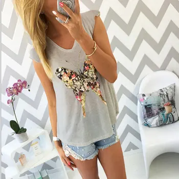 

Nice Summer T Shirts For Women 2D Sequined Butterfly Short Sleeve Grey T Shirt Kawaii Clothing Summer Tops Cute Tees 7Q1812