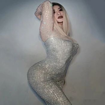 

Sparkly Jumpsuit Full Rhinestone DS Long Sleeves Sexy Stage Outfit Birthday Party Celebrate Women Dance Bodysuit Leggings Outfit