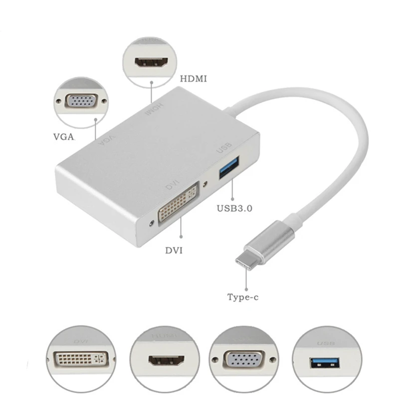 Rankman 4 in 1 Type-C USB C Male to HDMI VGA DVI USB3.0 Female Adapter Converter Cable 1080P for New Macbook Chromebook Monitor