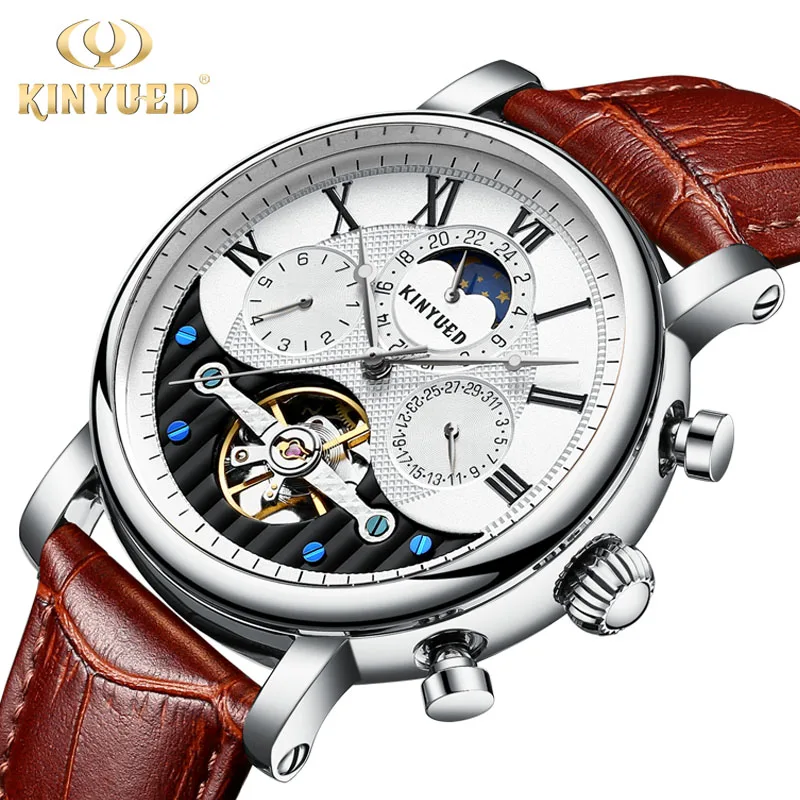 

KINYUED Skeleton Mechanical Watches Top Luxury Brand Business Automatic Watch Men Moon Phase Mens Sports Leather erkek kol saati