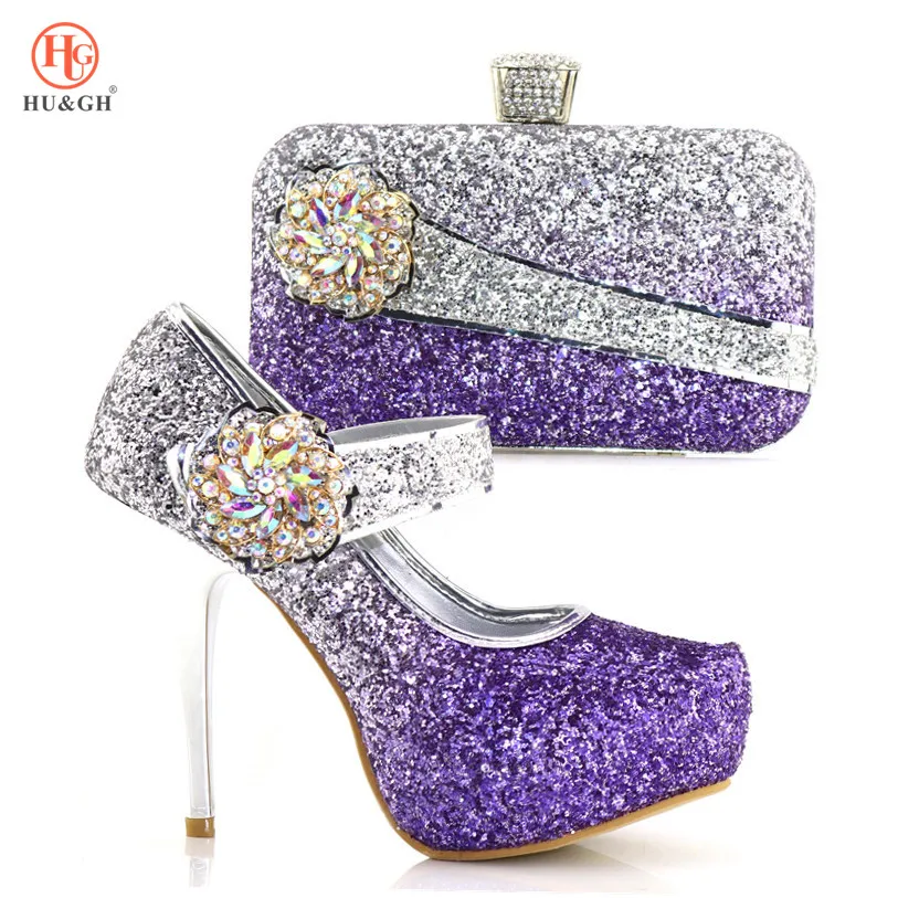 

2018 Latest Purple Color Decorated with Stone Shoes and Bag Set African Sets Italian Shoes and Bags To Match Shoes with Bag Set