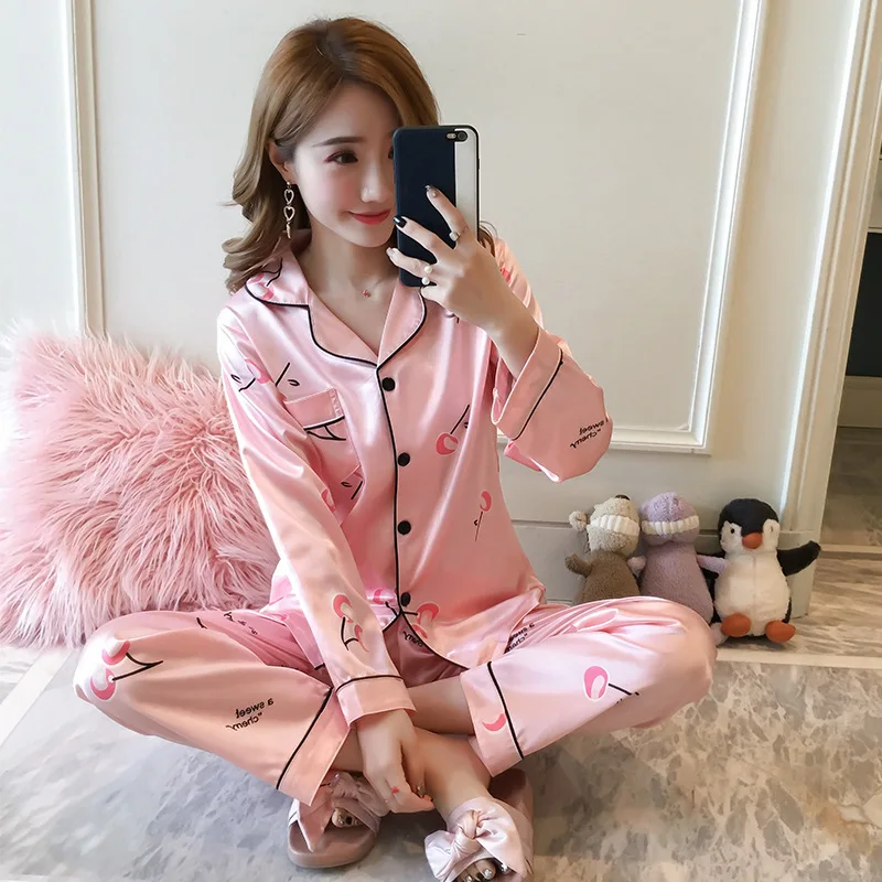 women pajama Pink Пижамы женские атласные летние пижамы женские шелковые пижамы размера плюс с принтом шелковые пижамы с длинными рукавами набор атласных пижам для сна M L XL XXL - Цвет: women pajama Pink