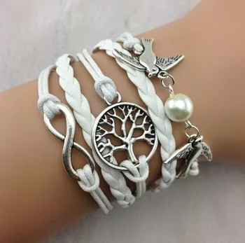 

1pc Bracelet--Infinity , Couple bird & Wish Tree Charm Bracelet--Silver Bracelet--Wax Cords and Imitation b42 Min order 10$!