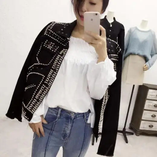 

spring autumn Vintage Stretch Rivets denim Jacket Sequins Women