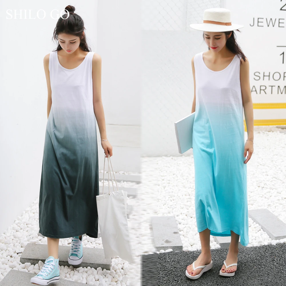 

SHILO GO Summer Beach Long Dresses For Women Gradient Dark Green Ocean Blue O Neck Sleeveless Base Casual Long Dress Maxi Dress