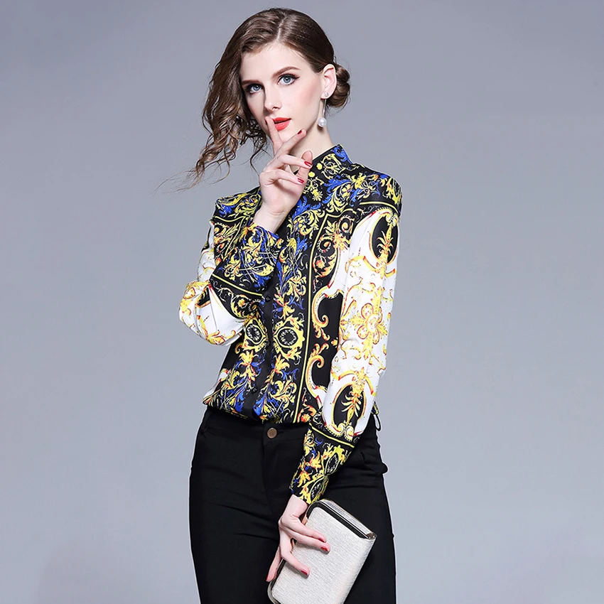 مصمم المدرج قمم المرأة كم طويل قميص السيدات مكتب طباعة خمر قمصان إمرأة قمم و البلوزات 2019 Blusa الأنثوية