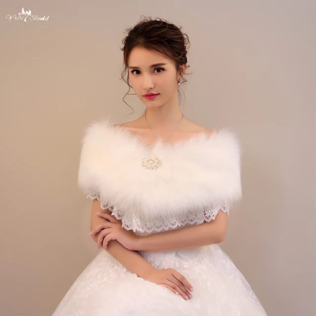 Price LZP192 Wool Lace And Rhinestone Off Shoulder Wedding Shawls White Fur Bolero Winter Wedding Cloak